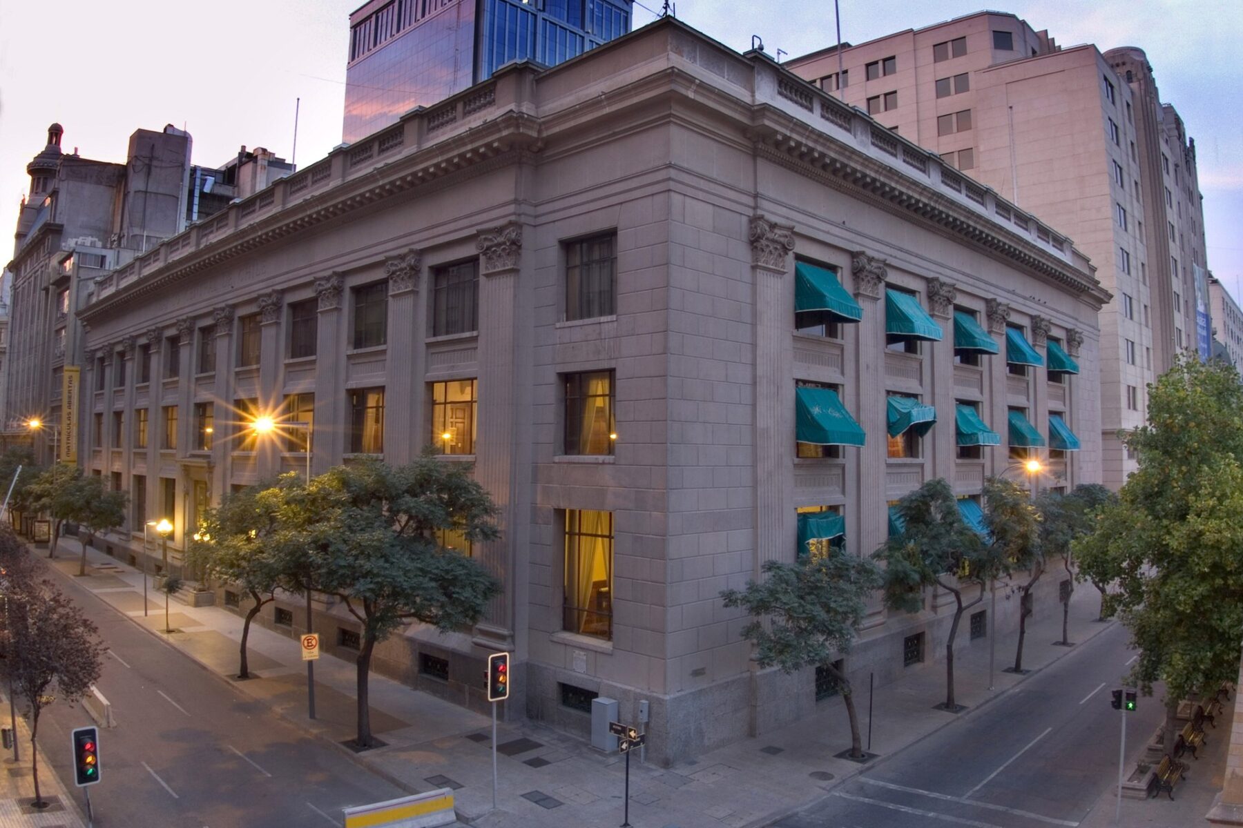 The Central Bank of Chile building in downtown Santiago at dusk