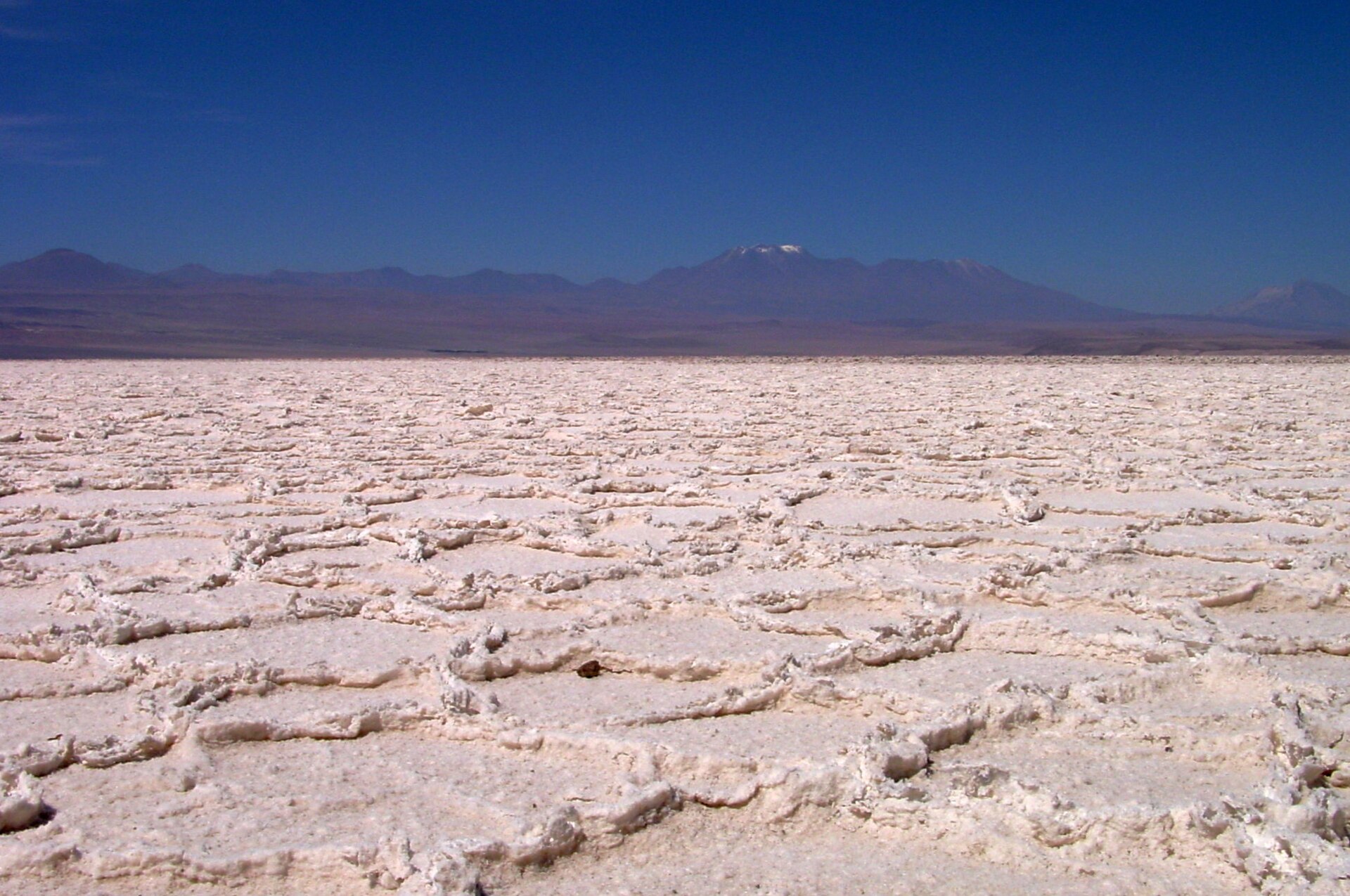 Cracked white salt crust of the Salar de Atacama in northern Chile with Andean peaks behind