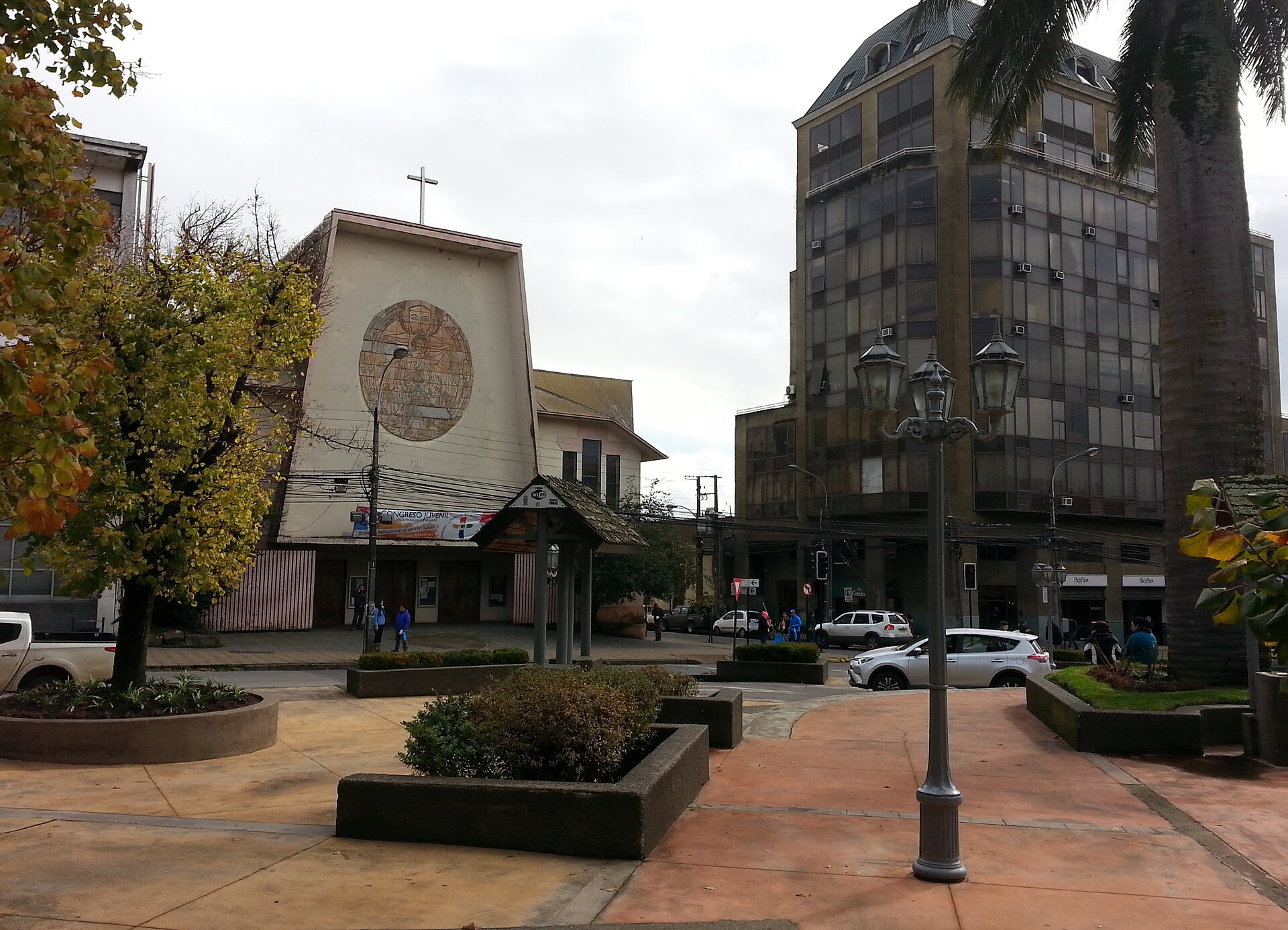 The cathedral and a high-rise building seen from the Plaza de Armas of Los Ángeles, in Chile’s Biobío region