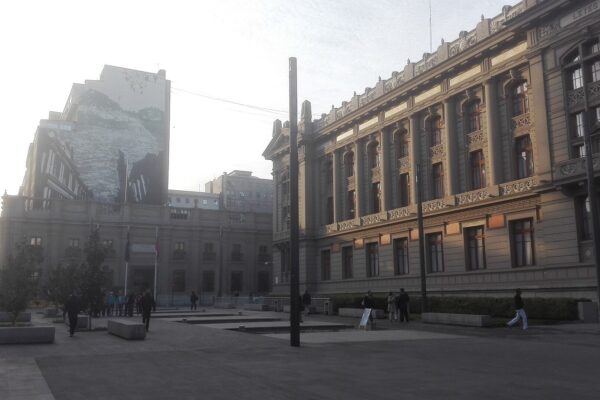 The Palacio de los Tribunales de Justicia, with its ornate stone facade, beside Plaza Montt Varas in central Santiago, Chile