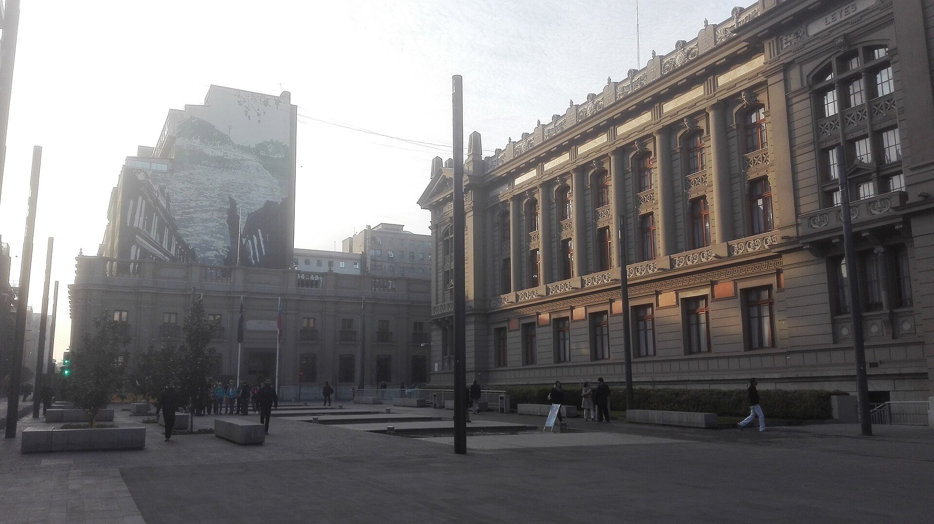 The Palacio de los Tribunales de Justicia, with its ornate stone facade, beside Plaza Montt Varas in central Santiago, Chile