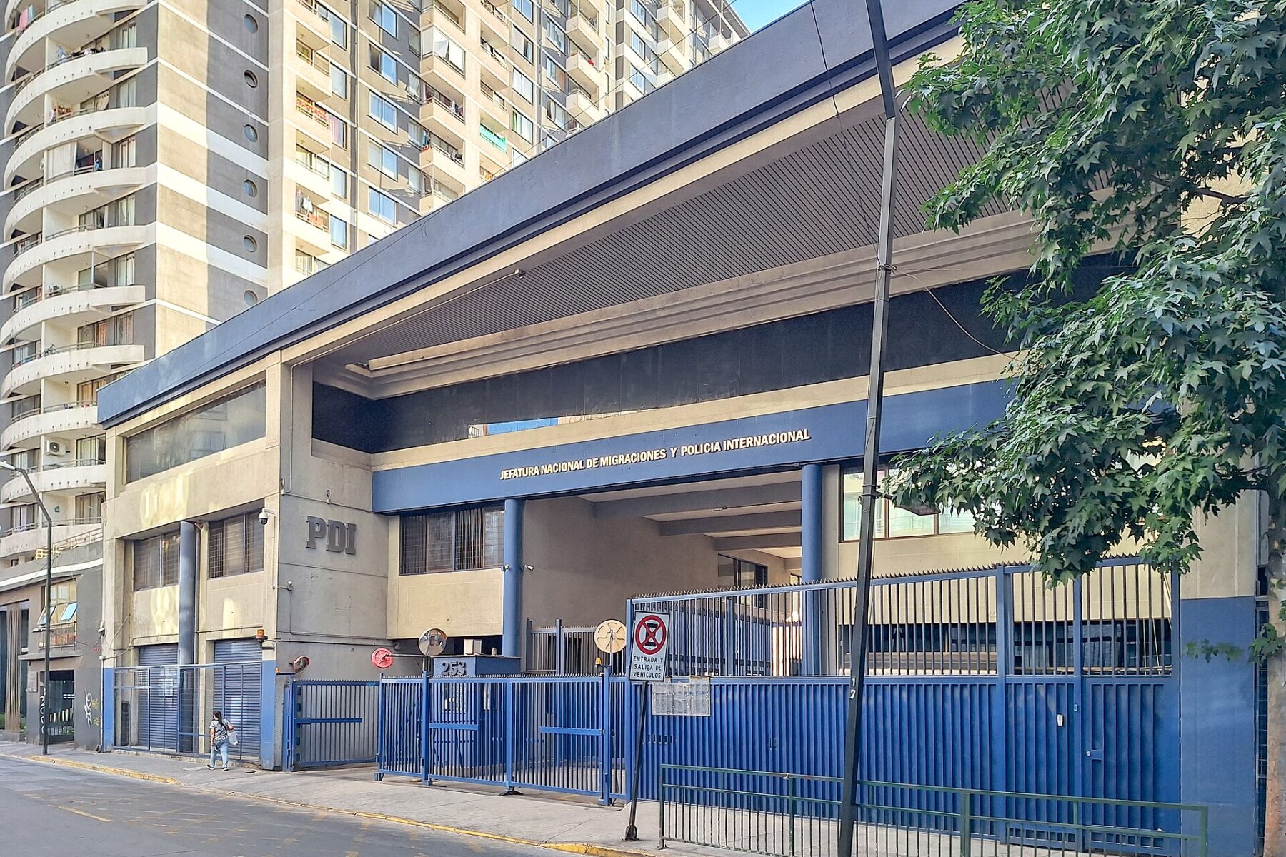 Entrance of the Chilean Investigations Police (PDI) national migration and international police headquarters on a street in Santiago, Chile