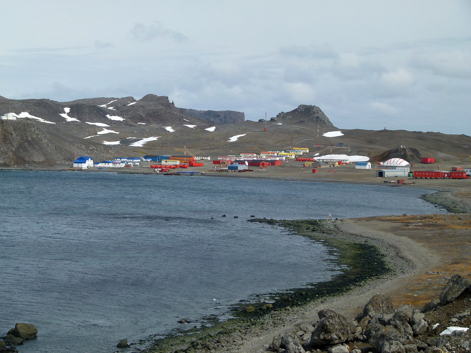 Villa Las Estrellas and Chilean base buildings on the shore of King George Island, Antarctica