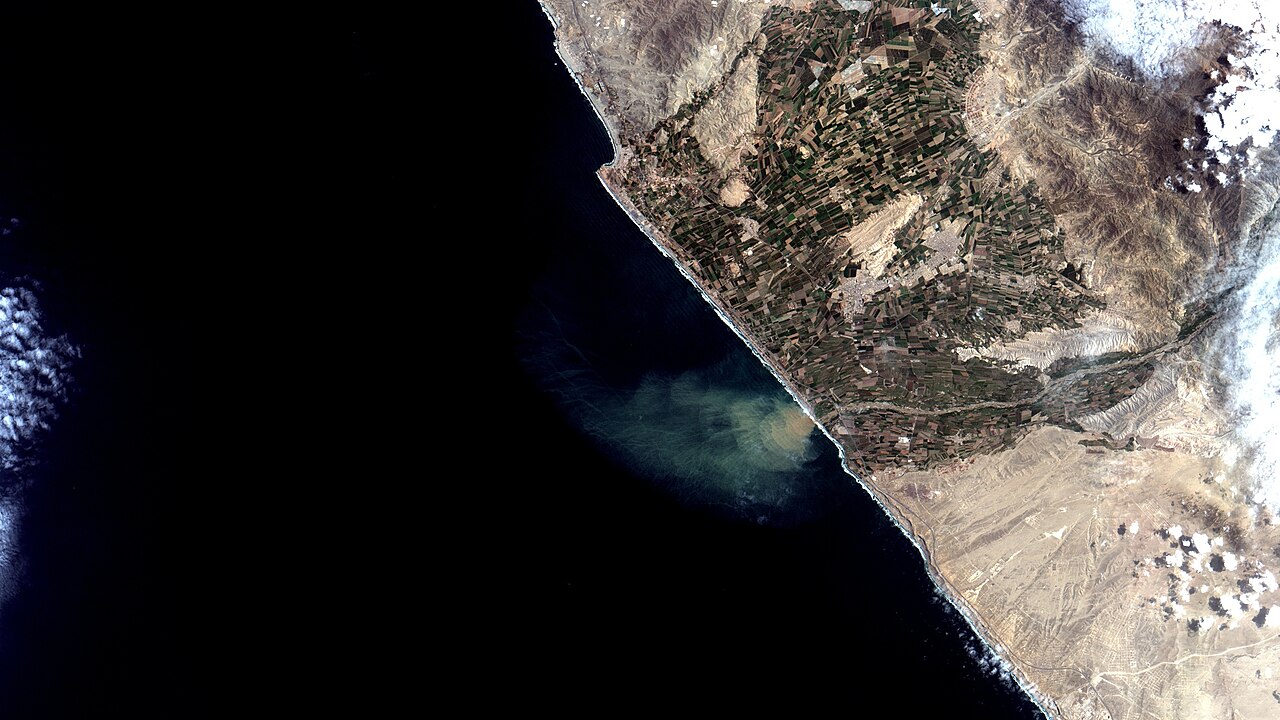 Satellite view of the green, farmed Cañete river valley meeting the Pacific Ocean, with a brown sediment plume offshore