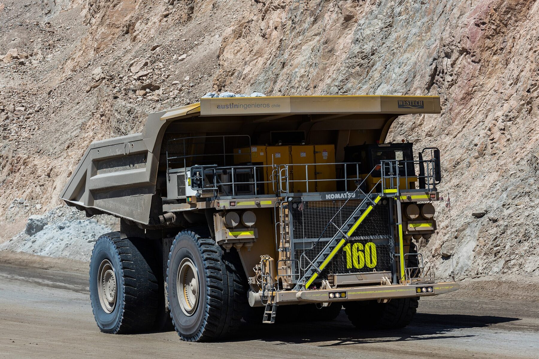 Komatsu haul truck on a ramp inside the Chuquicamata open-pit copper mine in northern Chile