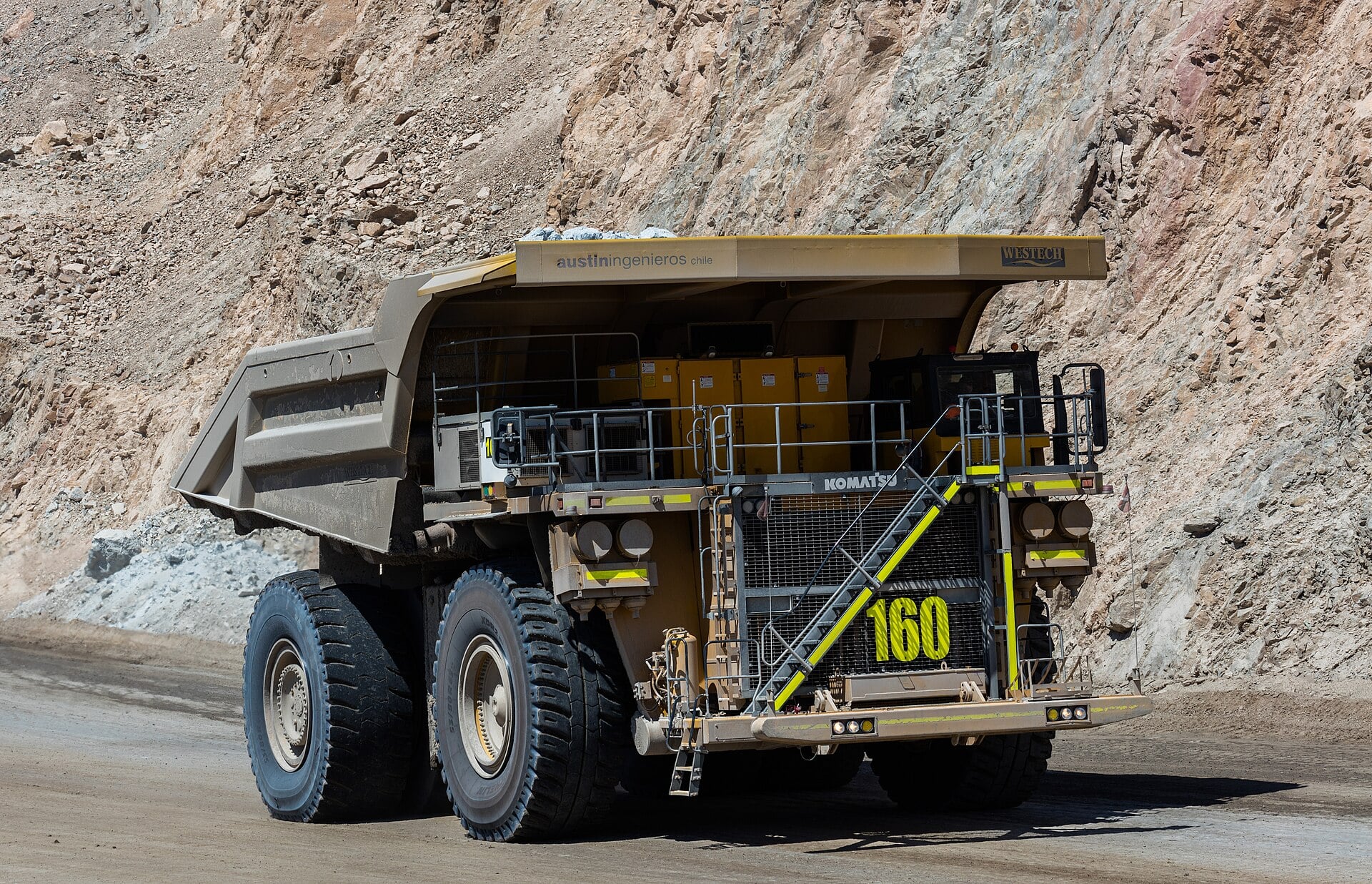 Komatsu haul truck on a ramp inside the Chuquicamata open-pit copper mine in northern Chile