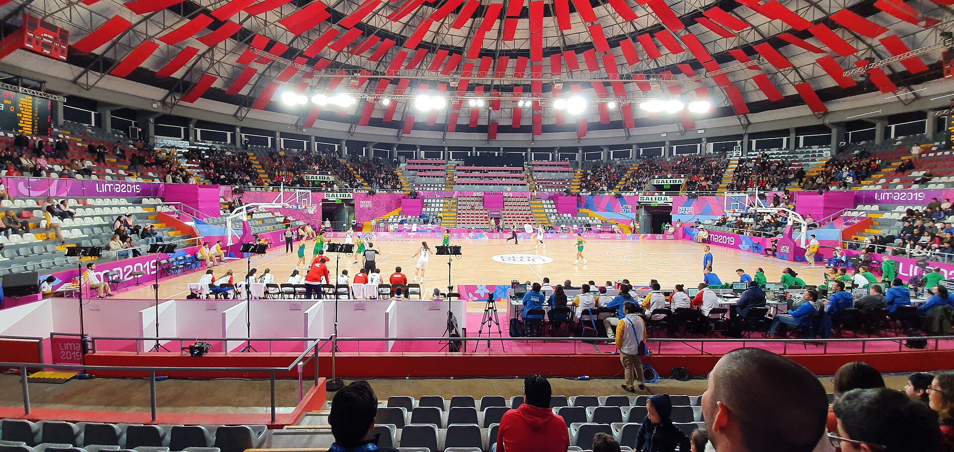 Spectators inside the Coliseo Eduardo Dibós during a basketball game at the Lima 2019 Pan American Games