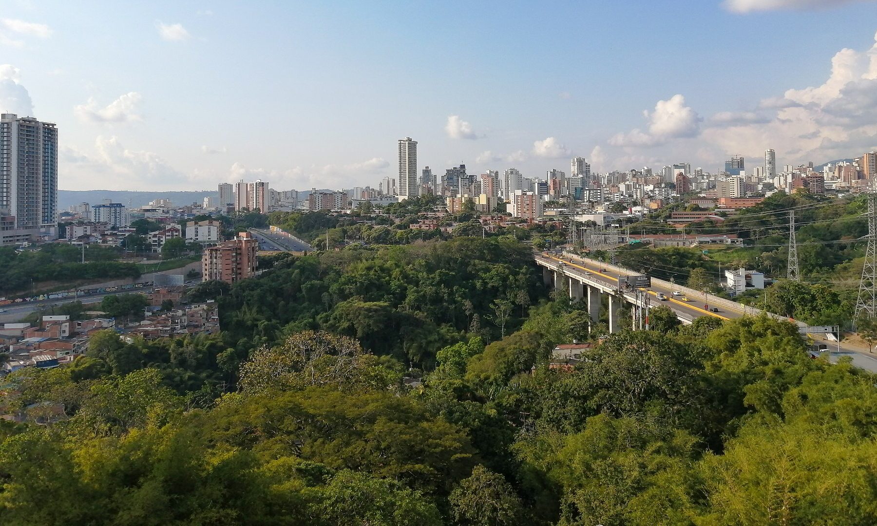 Bucaramanga skyline seen across a wooded ravine, with a highway viaduct on the right, Santander, Colombia