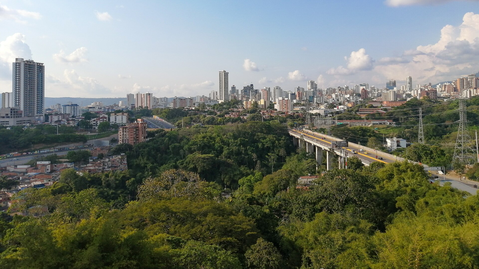 Bucaramanga skyline seen across a wooded ravine, with a highway viaduct on the right, Santander, Colombia