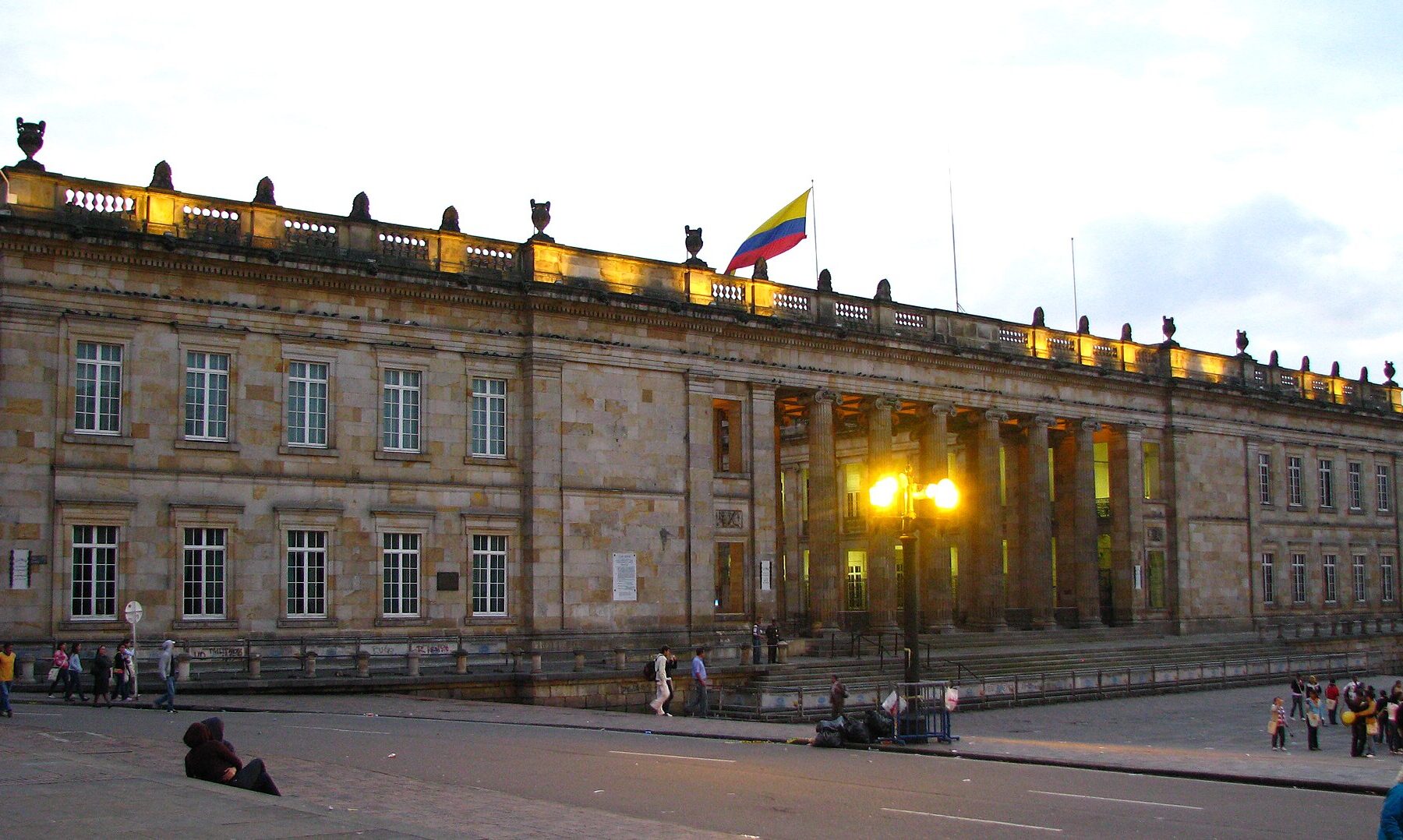 The Capitolio Nacional, seat of Colombia's Congress, at dusk on Plaza de Bolívar in Bogotá