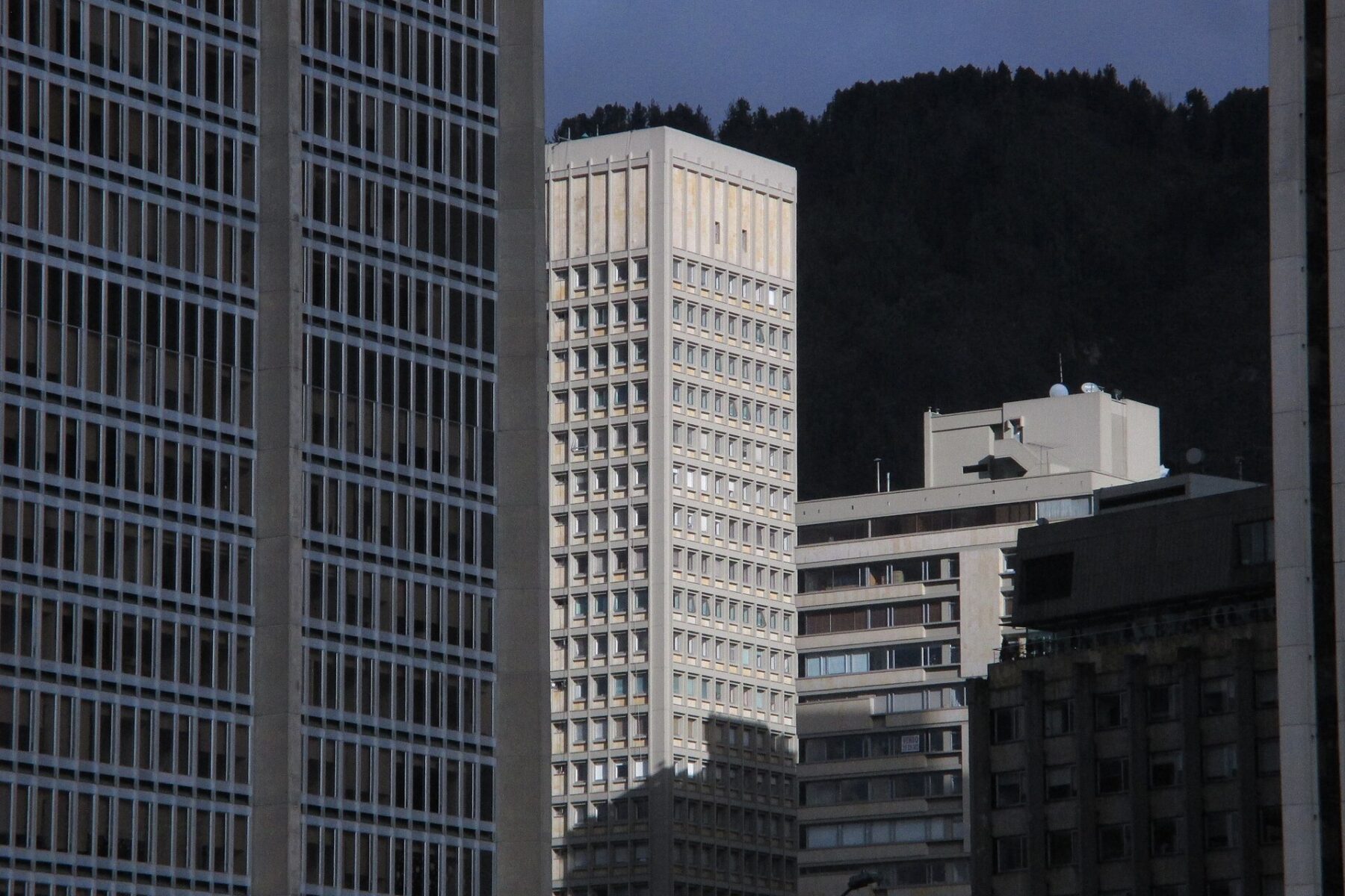 Office towers in the Centro Internacional business district of Bogotá, Colombia, below the eastern hills