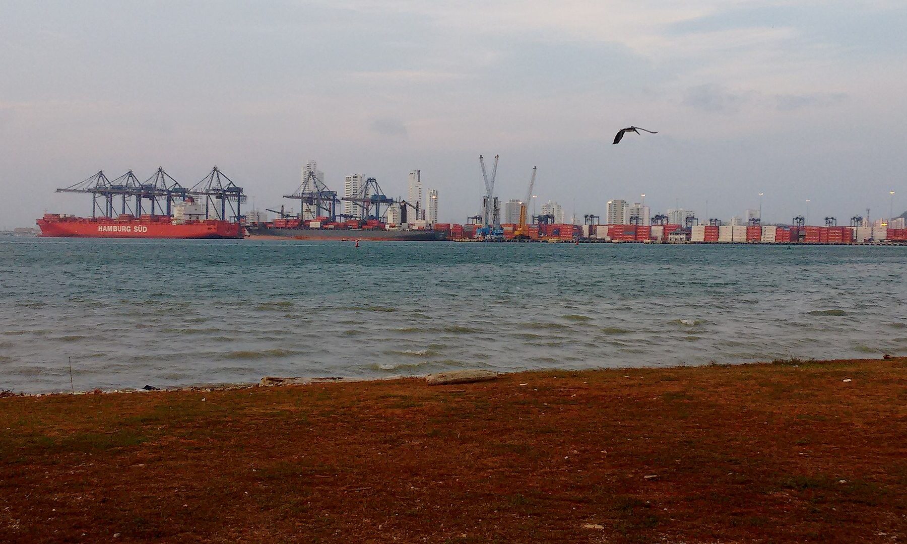 Container ships and cranes at the port terminal in Manga, Cartagena, on Colombia's Caribbean coast