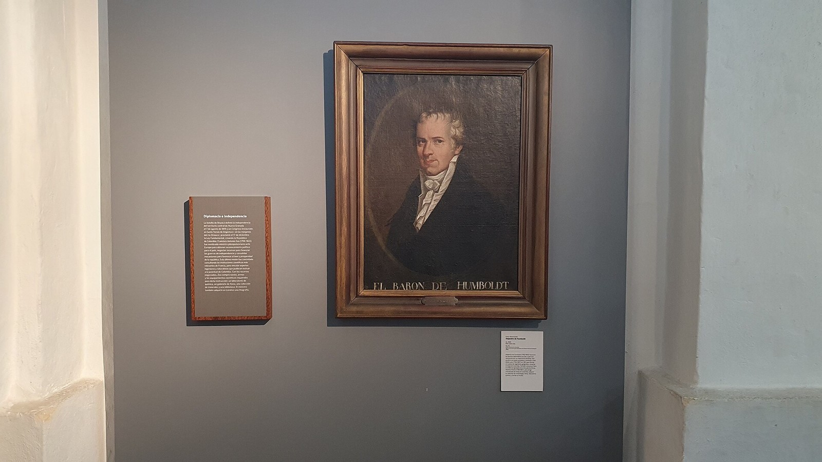 An oil portrait of Alexander von Humboldt in a gilt frame on a gallery wall of the Museo Nacional de Colombia, Bogotá