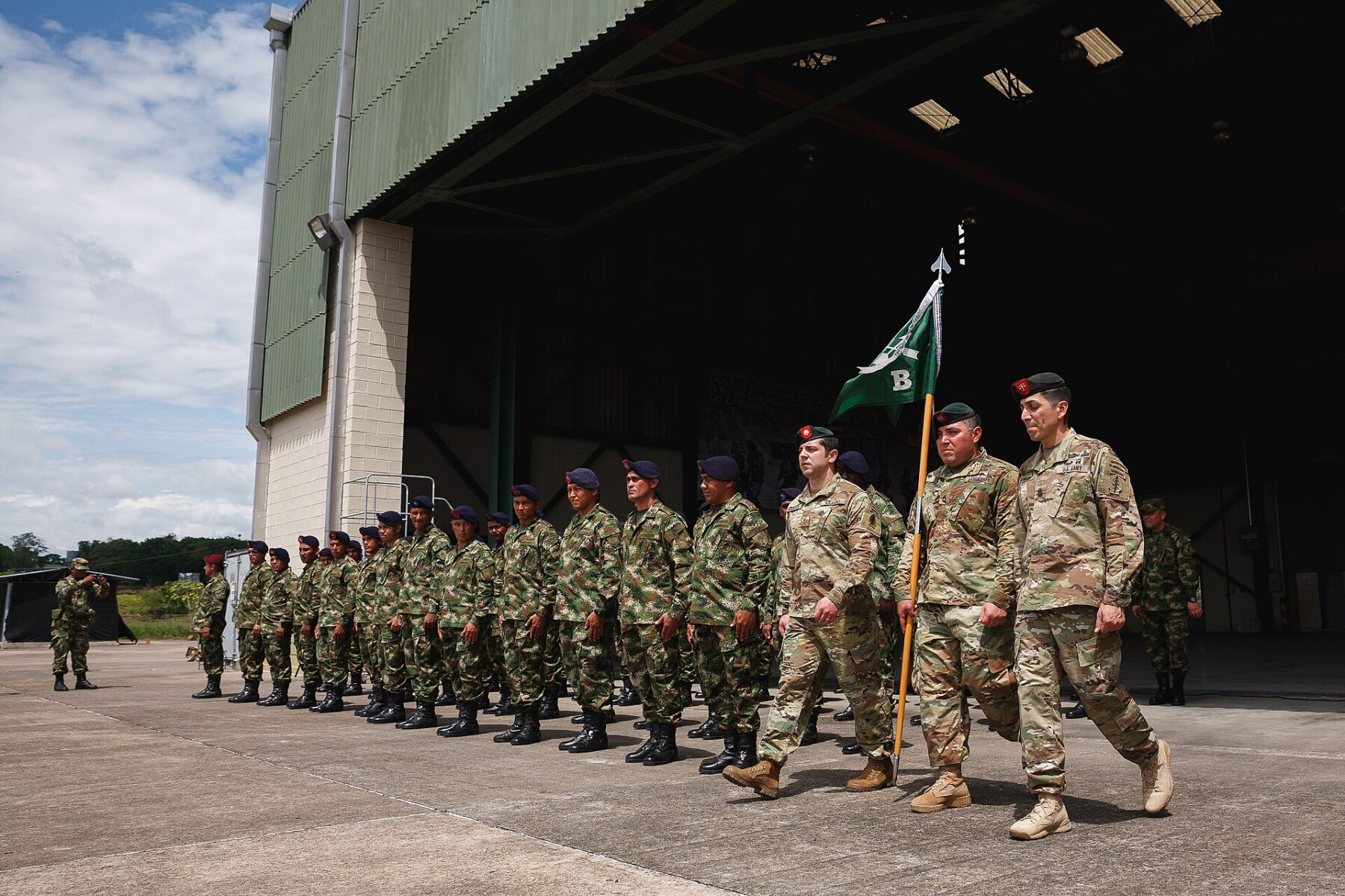 Colombia security: Colombian army counter-narcotics soldiers and US Army Special Forces at a parade in Florencia