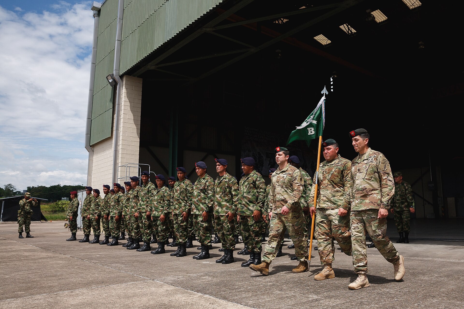 Colombia security: Colombian army counter-narcotics soldiers and US Army Special Forces at a parade in Florencia