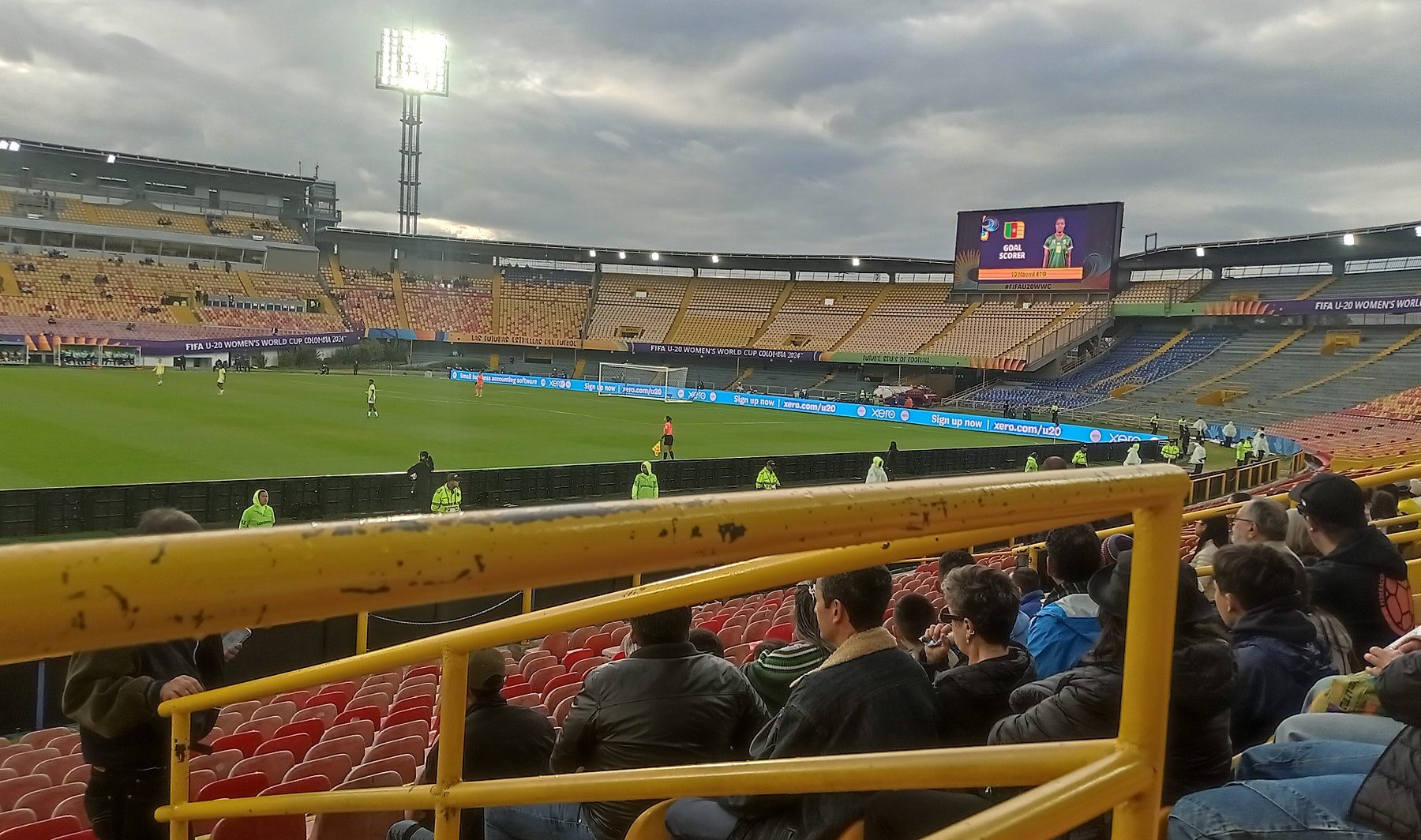 Stands and pitch of Estadio El Campín in Bogotá, Colombia, under floodlights during a 2024 match