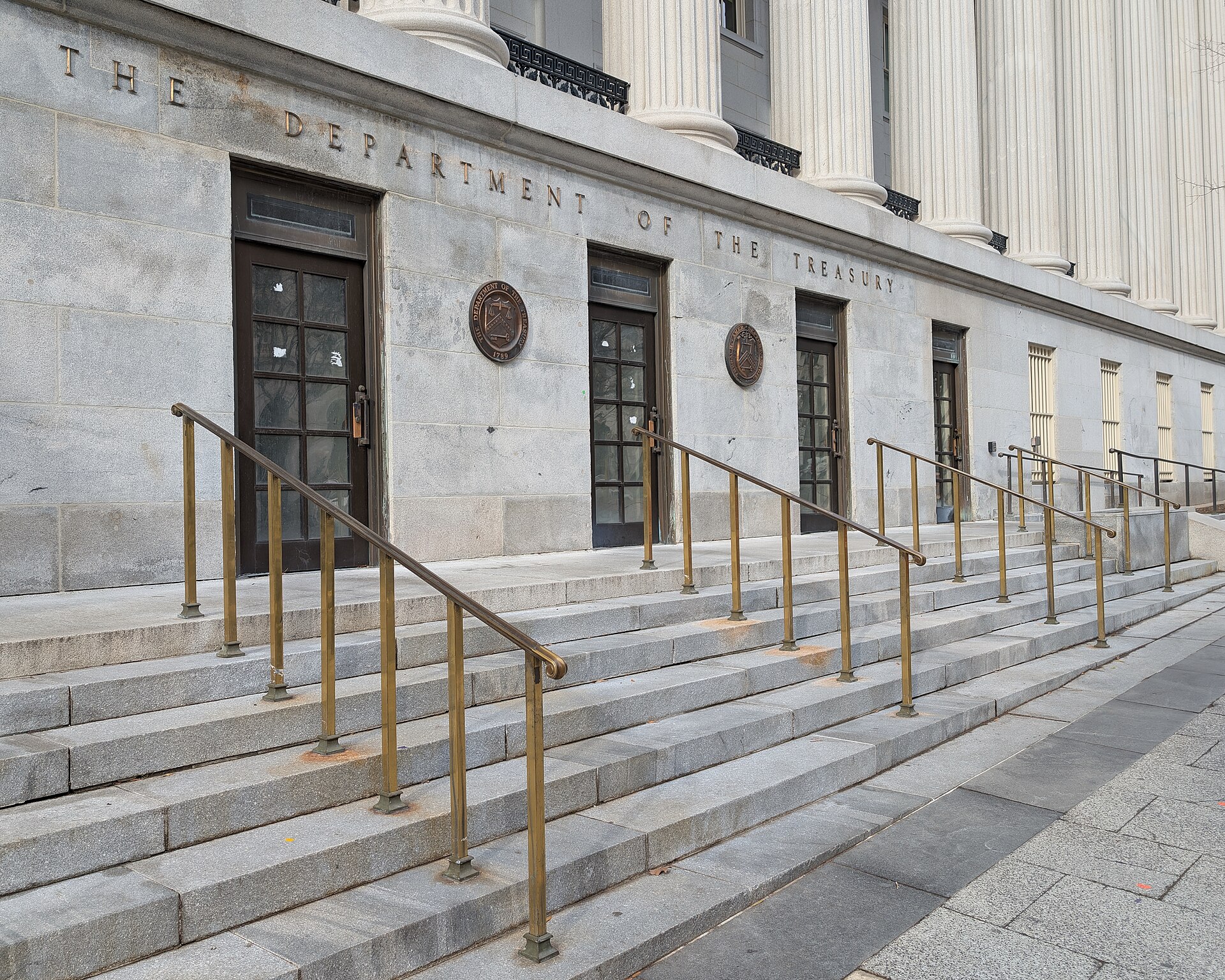 Entrance of the US Department of the Treasury building in Washington, DC