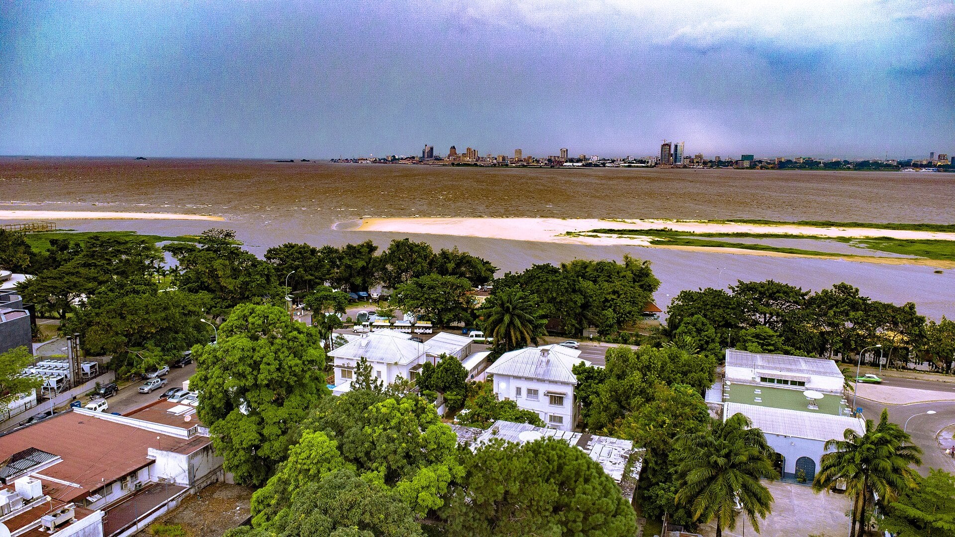 The Congo River seen from Avenue Amilcar Cabral in Brazzaville, with Kinshasa on the far bank