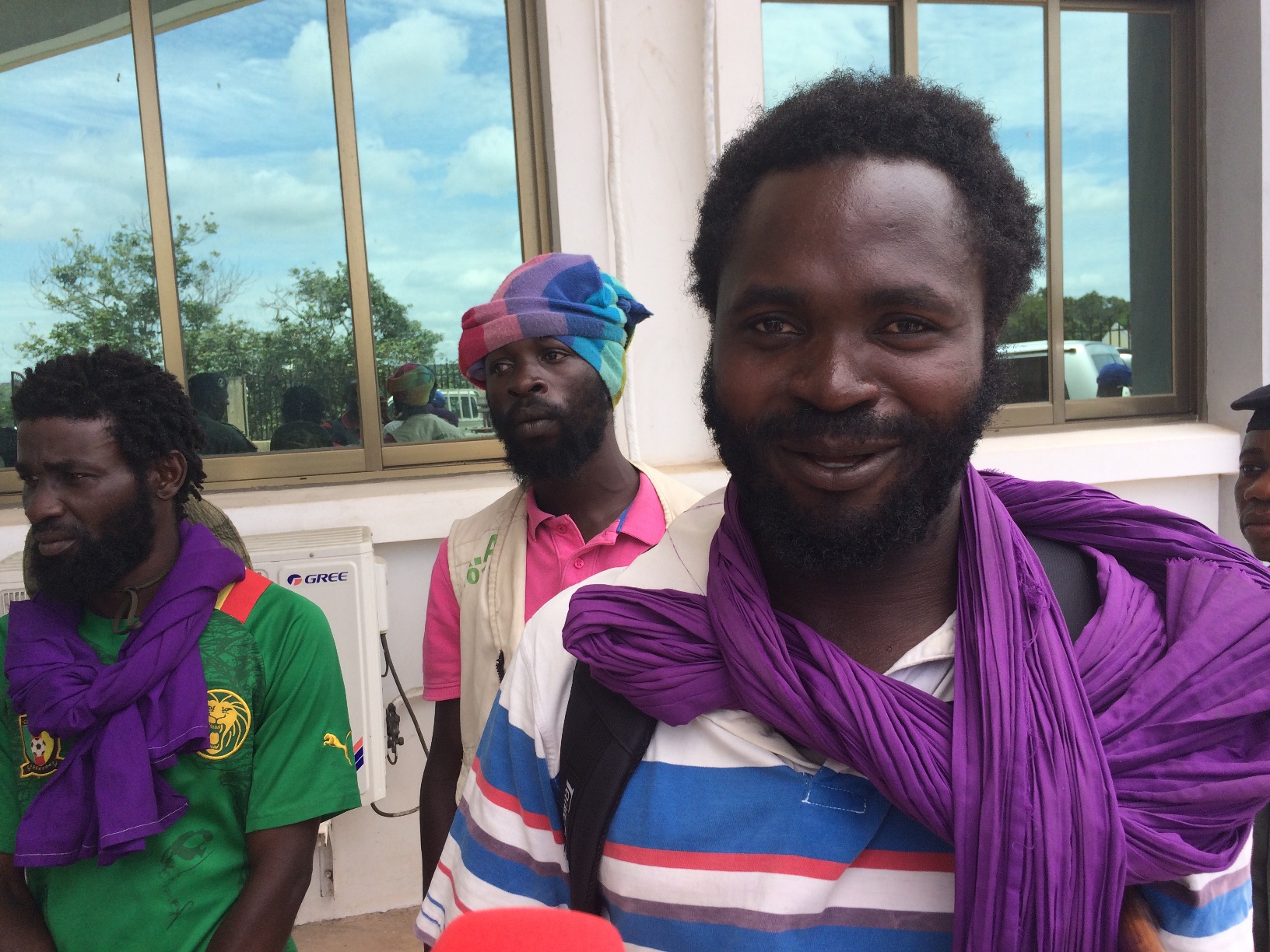 Former Ninja rebel fighters wearing purple scarves in Kinkala, Pool department, Republic of Congo
