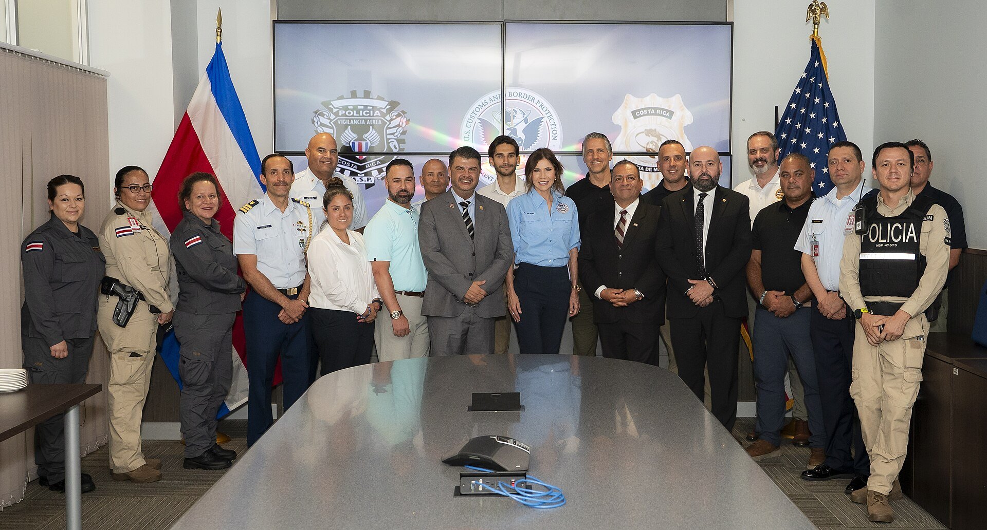 US Homeland Security Secretary Kristi Noem meeting Customs and Border Protection staff at Juan Santamaria International Airport in Costa Rica