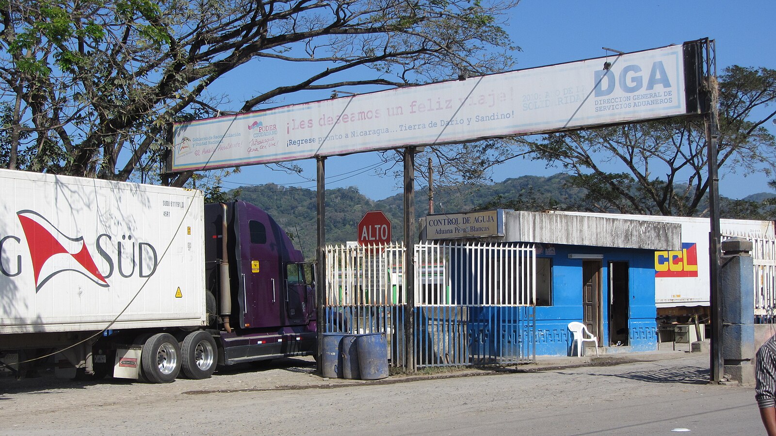 Costa Rica geopolitics and Nicaragua: a truck at the Peñas Blancas customs post on the border