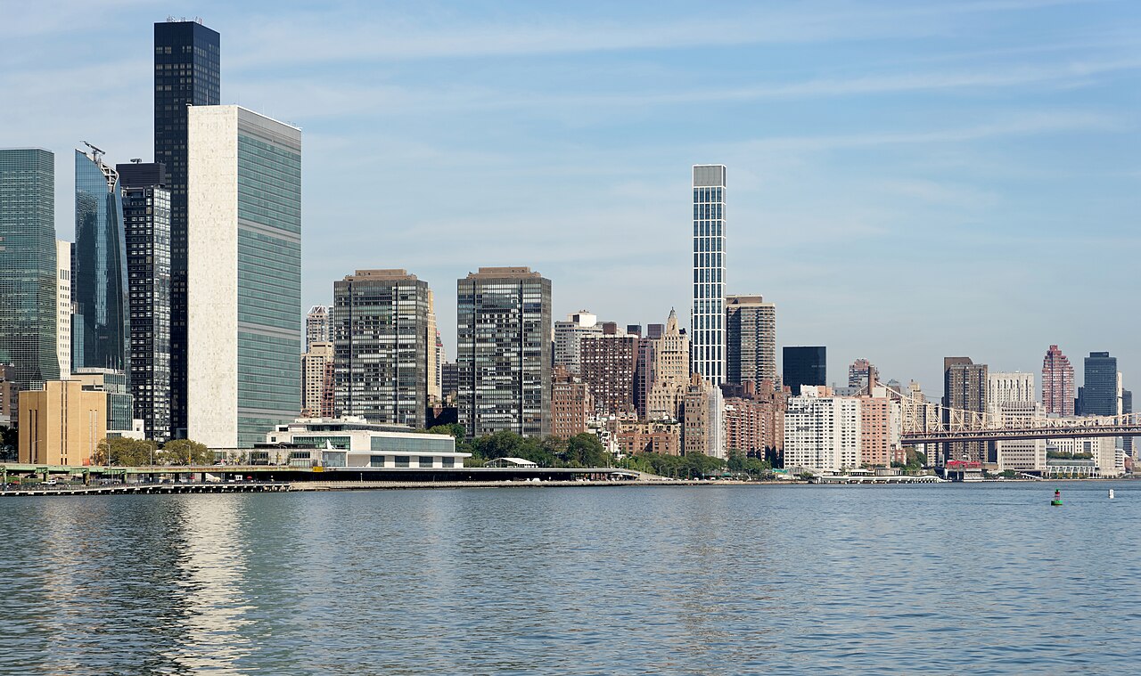 The United Nations Headquarters tower beside the East River in Manhattan, New York City