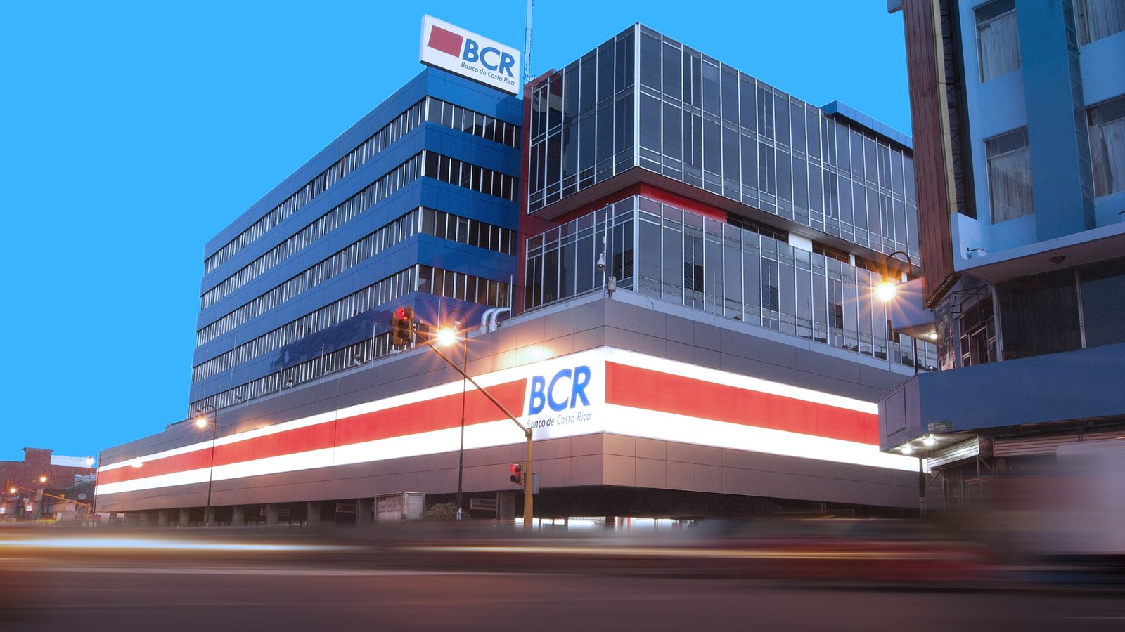 Costa Rica unemployment: the Banco de Costa Rica headquarters in San José at dusk