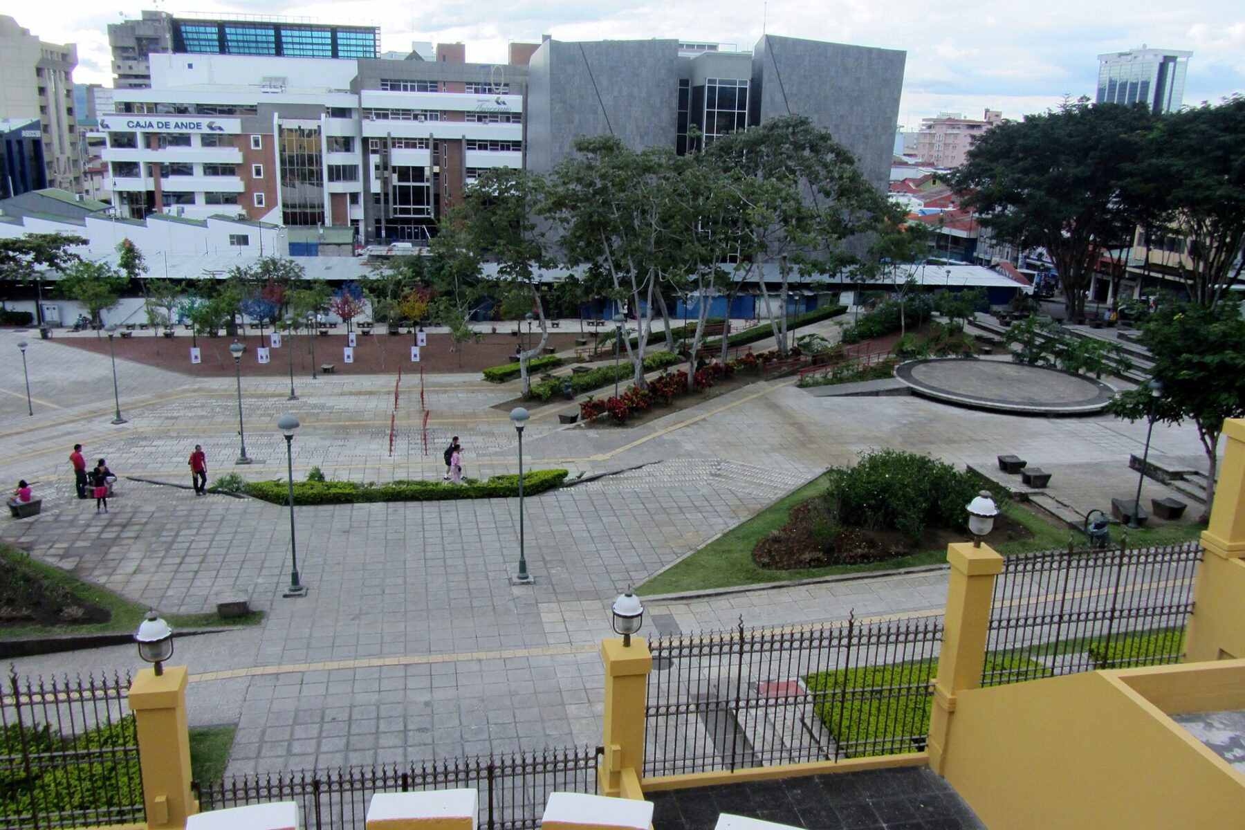 Plaza de la Democracia in San José, Costa Rica, seen from the terrace of the National Museum, with office buildings and hills behind