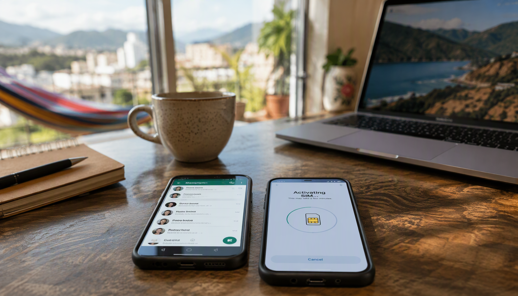 A wooden desk abroad with two smartphones, one messaging home and one activating a local SIM
