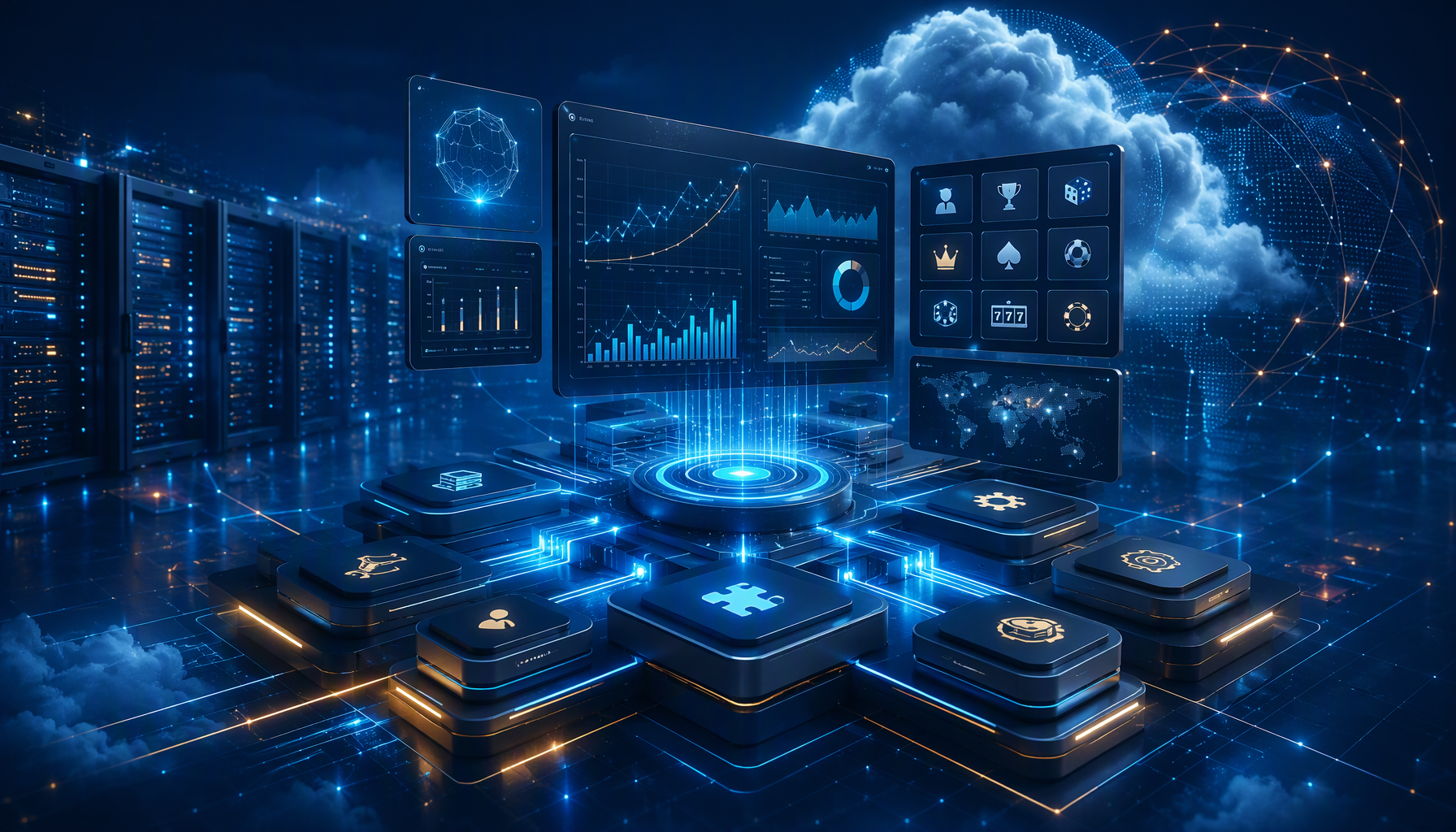 Modular iGaming platform infrastructure with dashboards and server racks