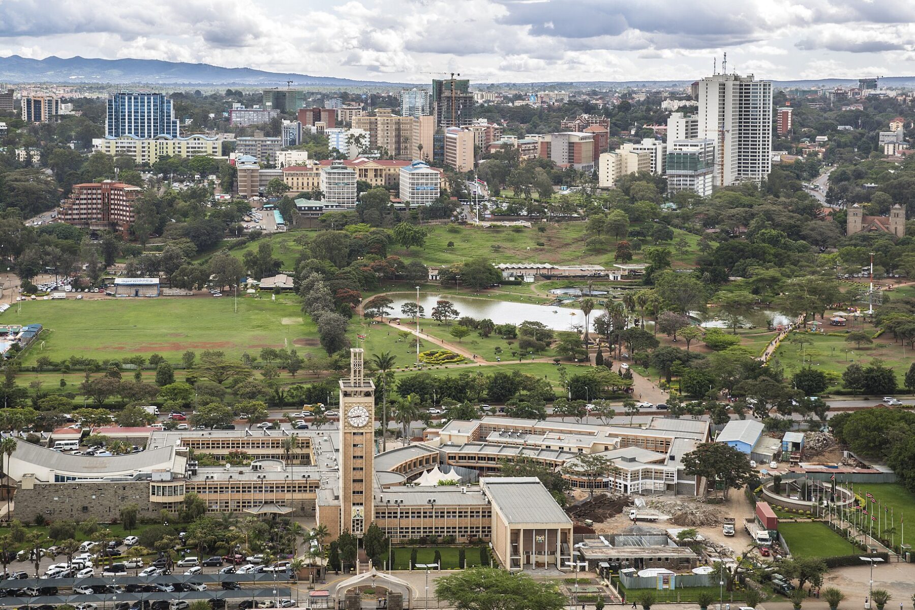 Parliament Buildings and Uhuru Park in Nairobi, seen from above