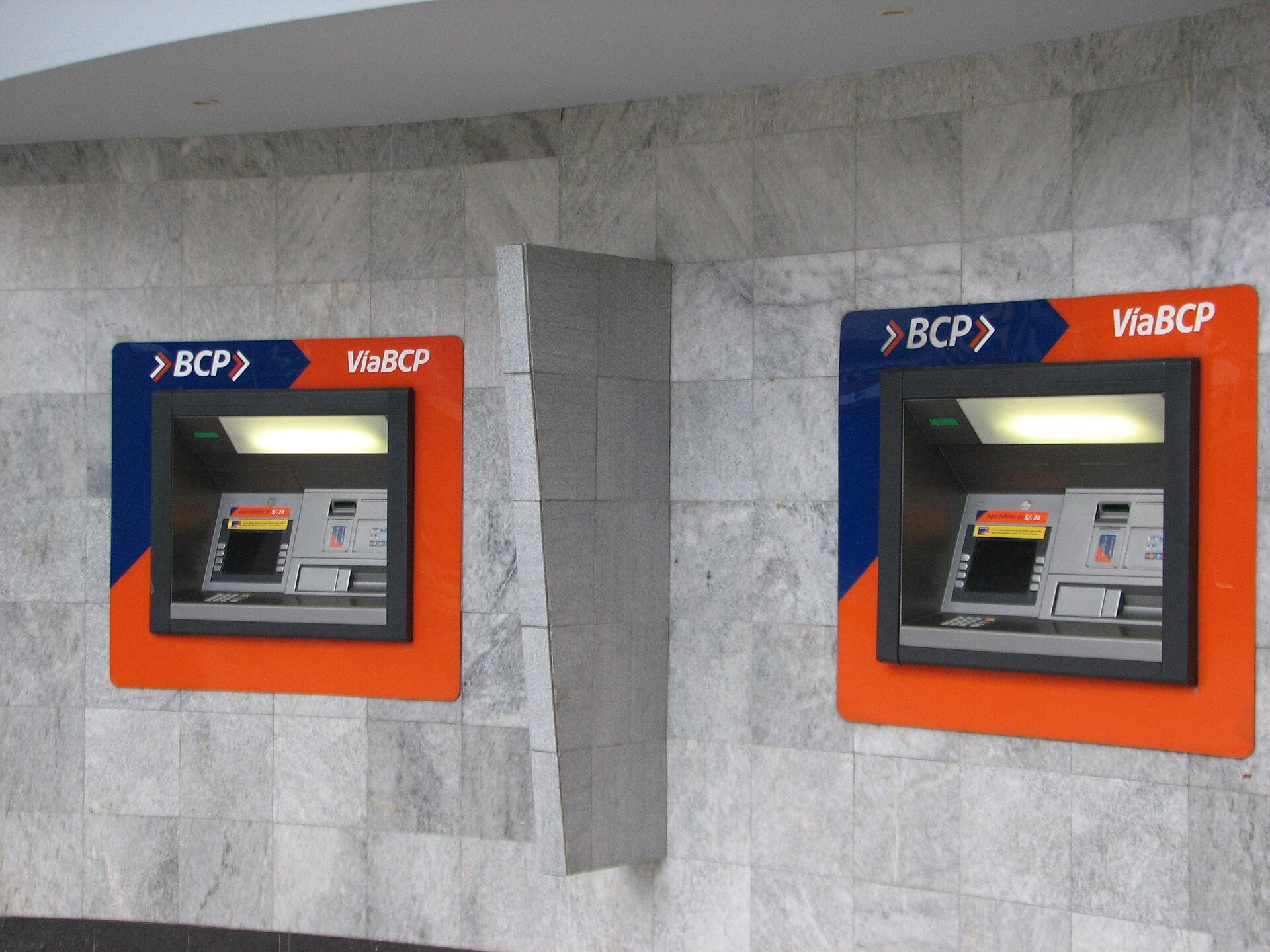 BCP cash machines at a Banco de Crédito del Perú branch in Huaraz, Peru