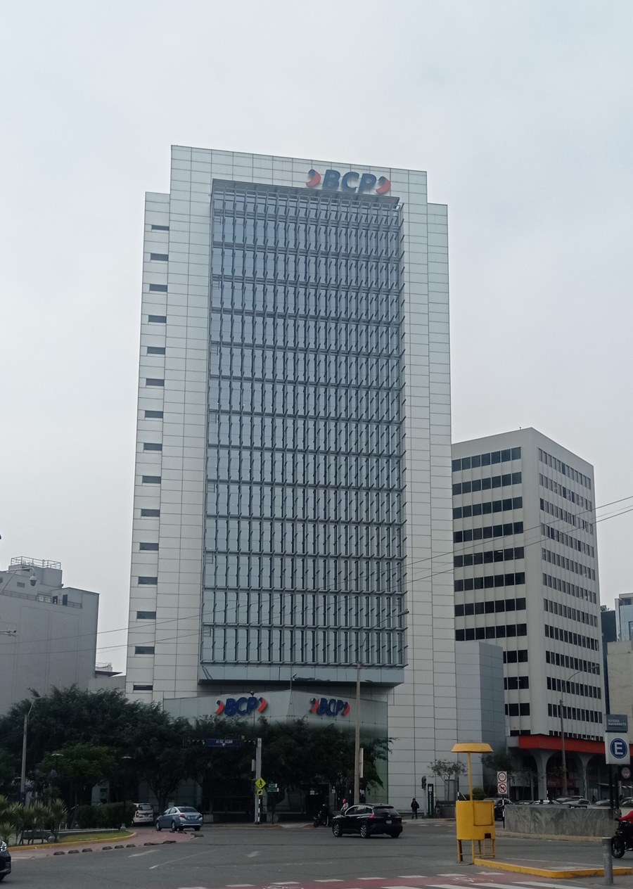 A Banco de Crédito del Perú office tower with the BCP logo in Lima, Peru