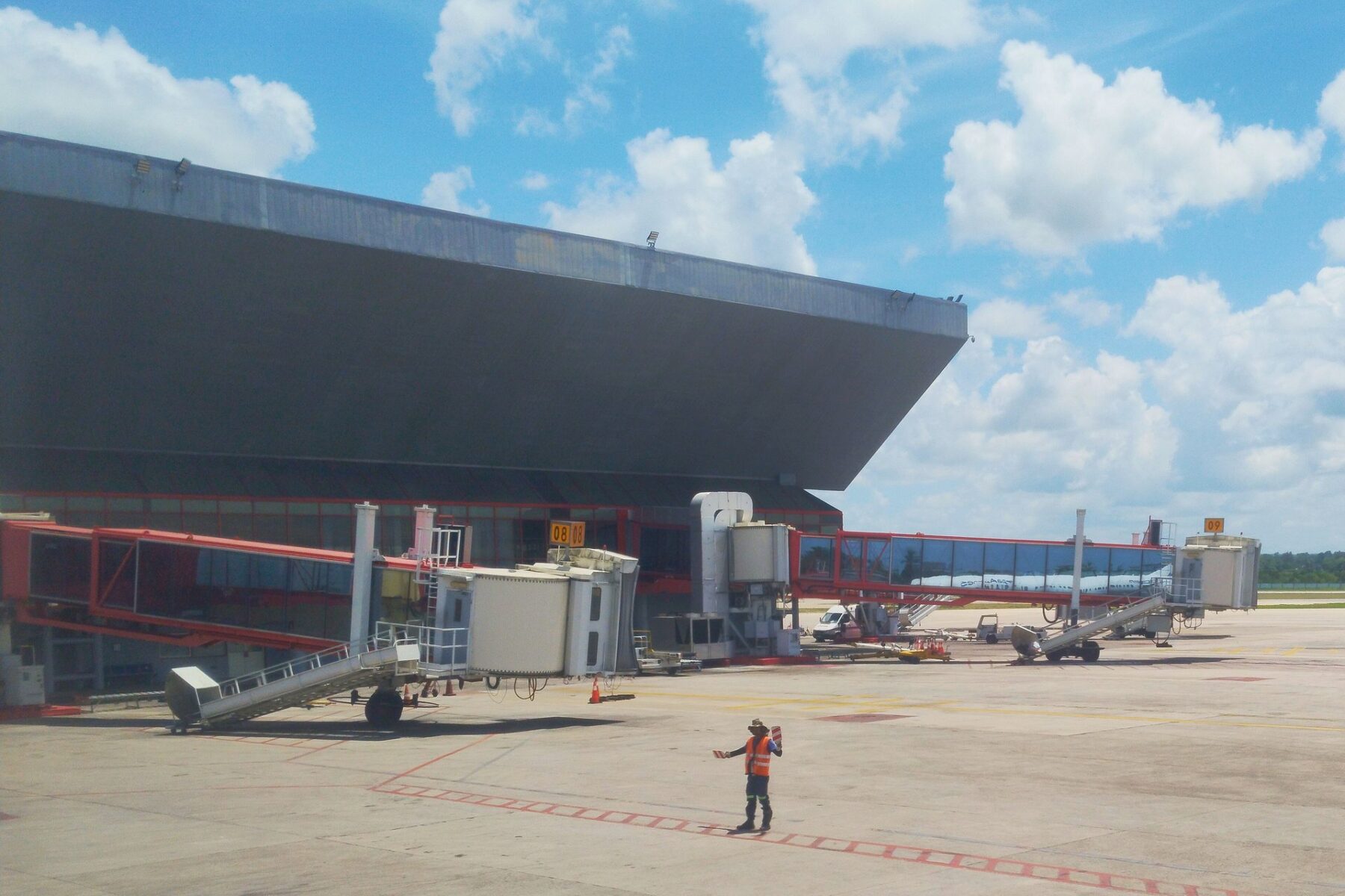 Boarding bridges and an empty apron at José Martí International Airport in Havana, Cuba