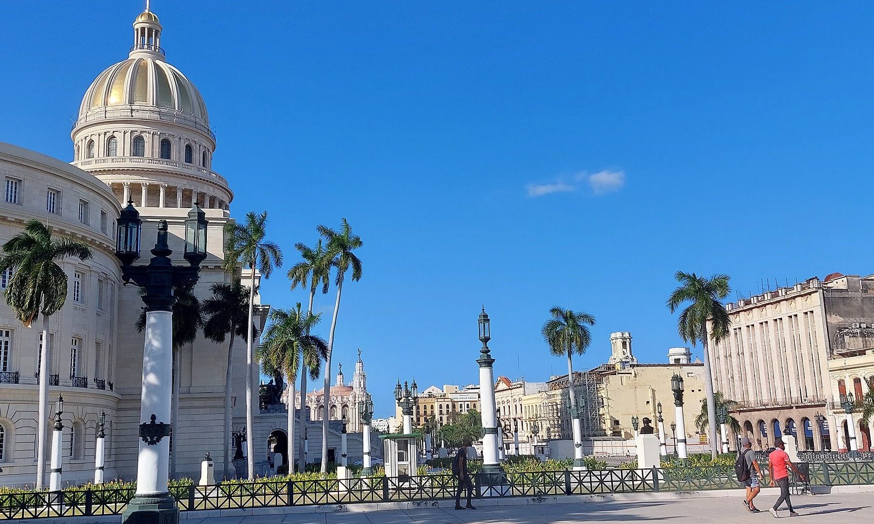 The domed Capitolio building in central Havana under a blue sky, with palm trees, street lamps and pedestrians in front