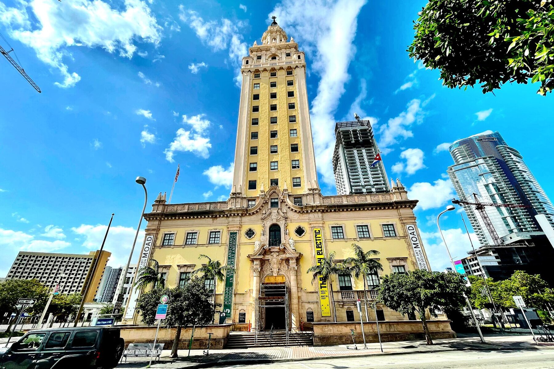 The Freedom Tower in downtown Miami, Florida, under a blue sky