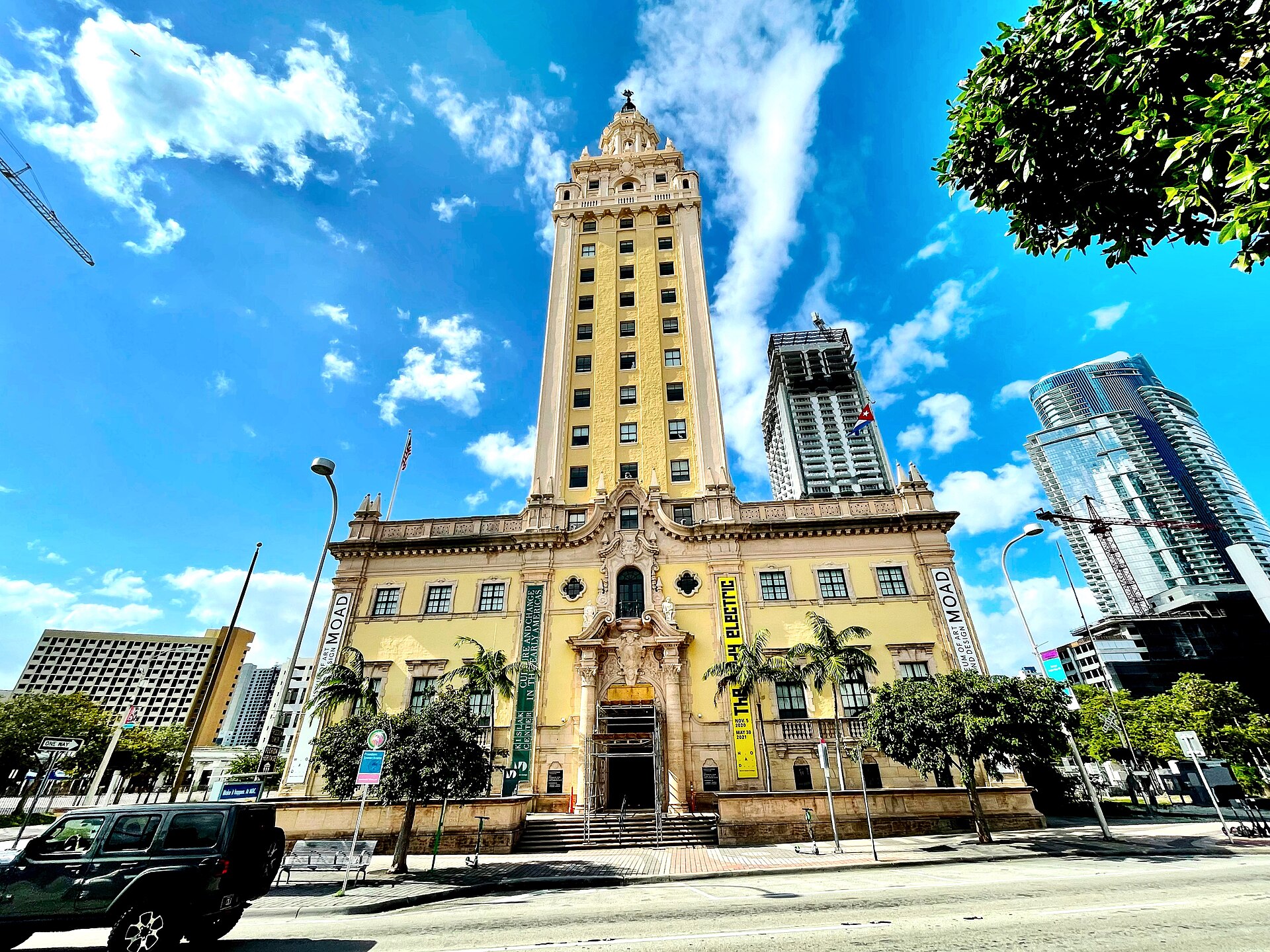 The Freedom Tower in downtown Miami, Florida, under a blue sky