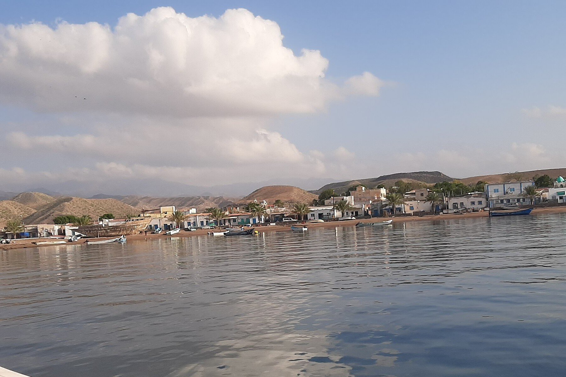 White and blue houses, palm trees and small fishing boats along the waterfront of Tadjourah, Djibouti, with brown hills behind