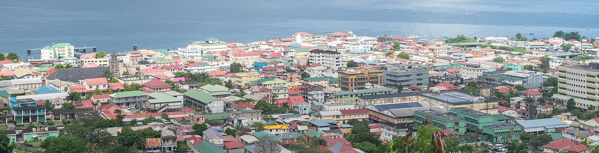 Rooftops of Roseau, the capital of Dominica, seen toward the Caribbean Sea