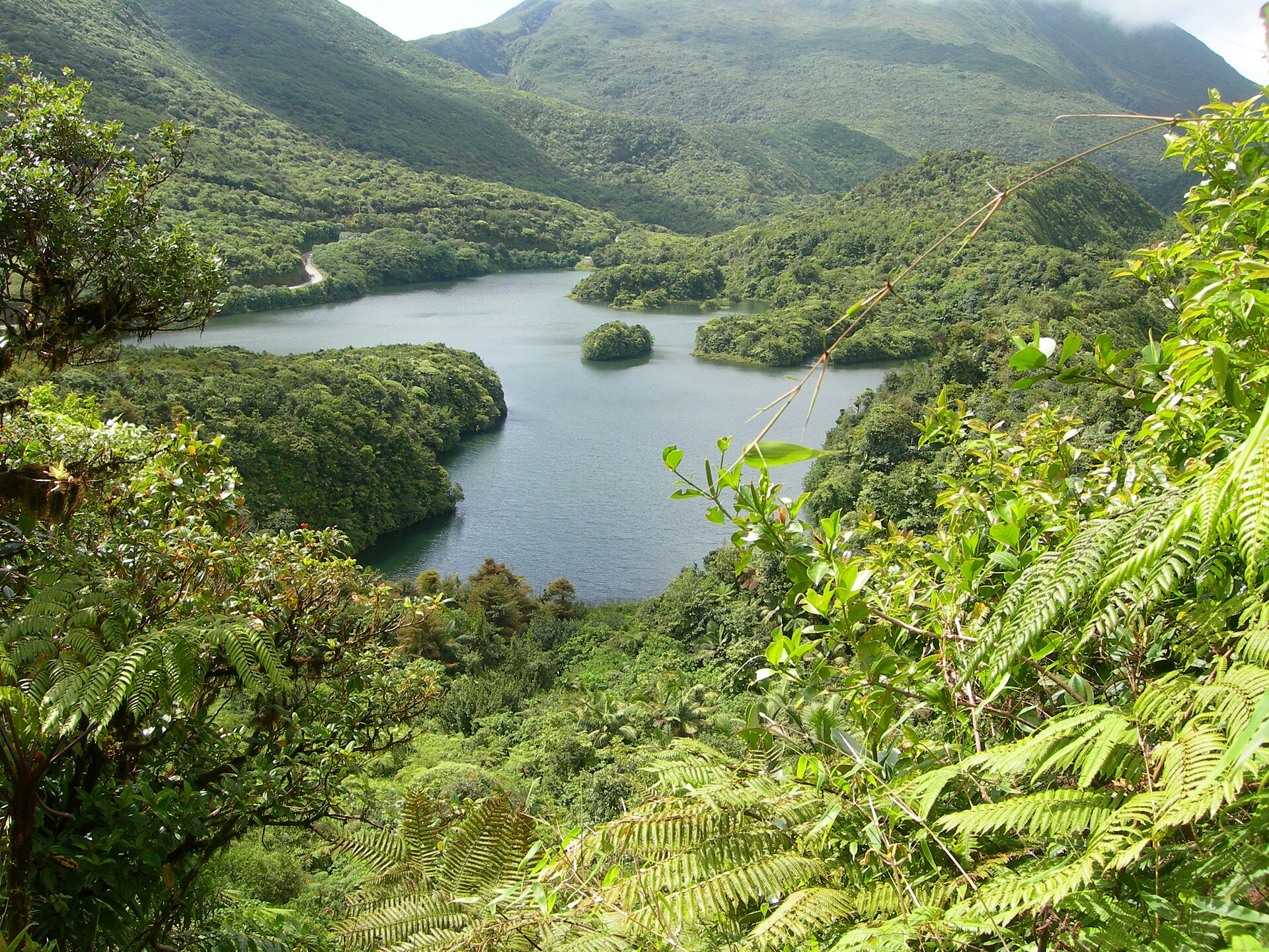 Boeri Lake surrounded by forested mountains in Morne Trois Pitons National Park, Dominica
