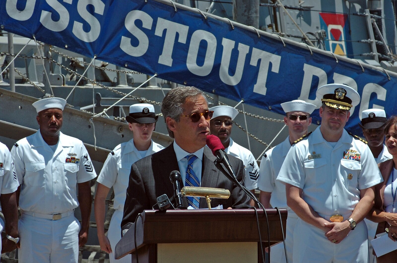 Dominican Republic geopolitics: then US ambassador Hans Hertell addresses USS Stout sailors at Caucedo