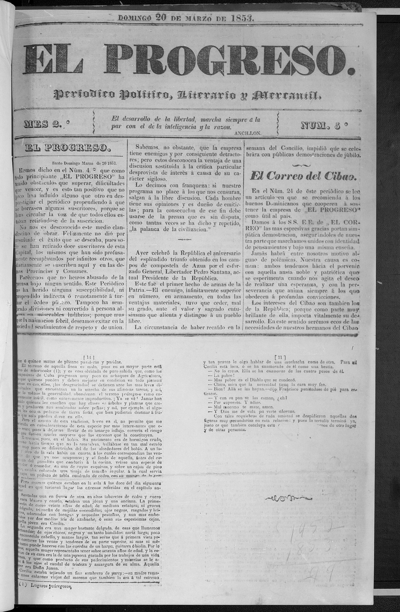 Front page of the Dominican newspaper El Progreso, dated Sunday 20 March 1853, with a political and literary masthead