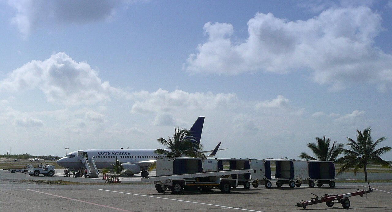 A Copa Airlines Boeing 737 parked at a stairs gate on the apron at Punta Cana airport, with baggage carts and palm trees under a blue sky.