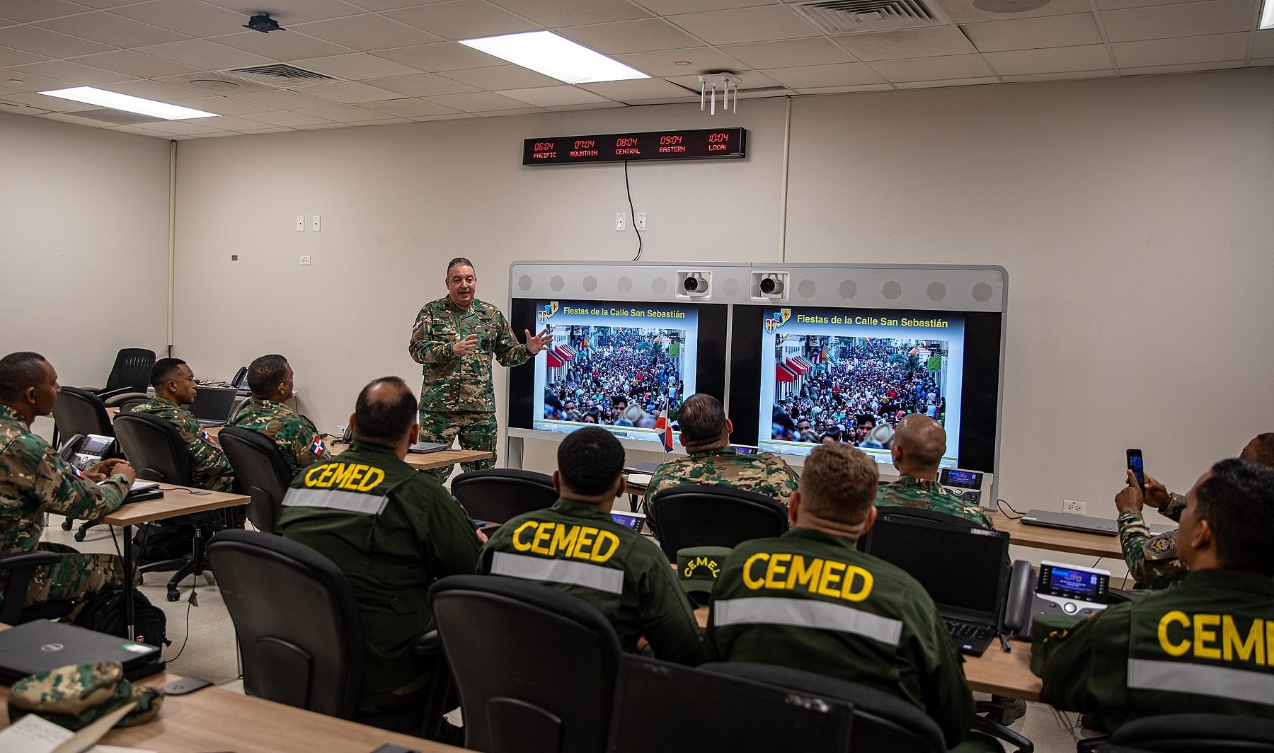 Dominican Republic armed forces officers sit in a classroom briefing at Fort Buchanan, Puerto Rico