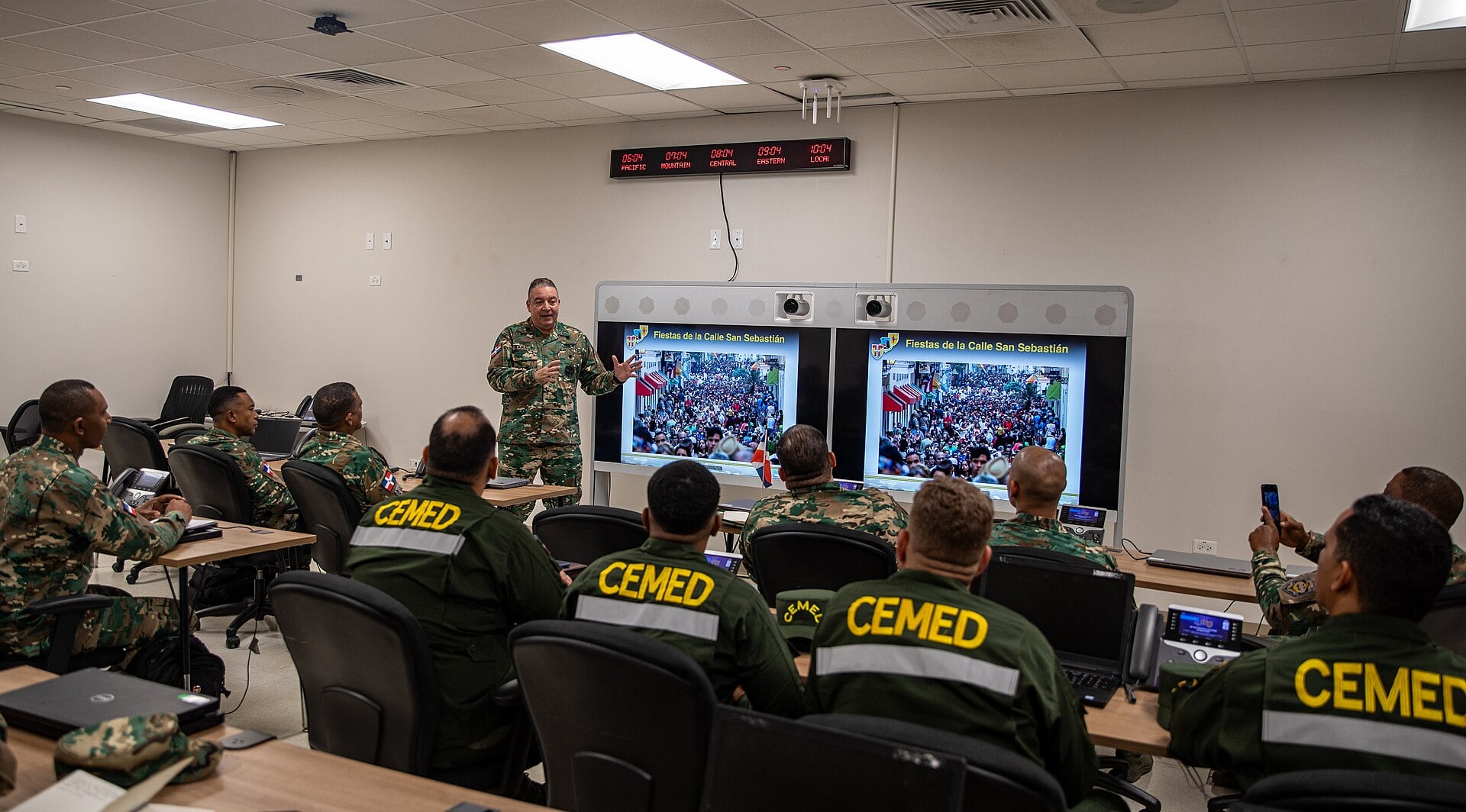 Dominican Republic armed forces officers sit in a classroom briefing at Fort Buchanan, Puerto Rico