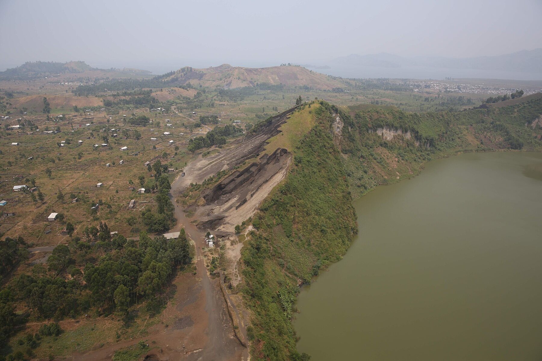Aerial view of a lake and volcanic hills near Goma in North Kivu, eastern DR Congo