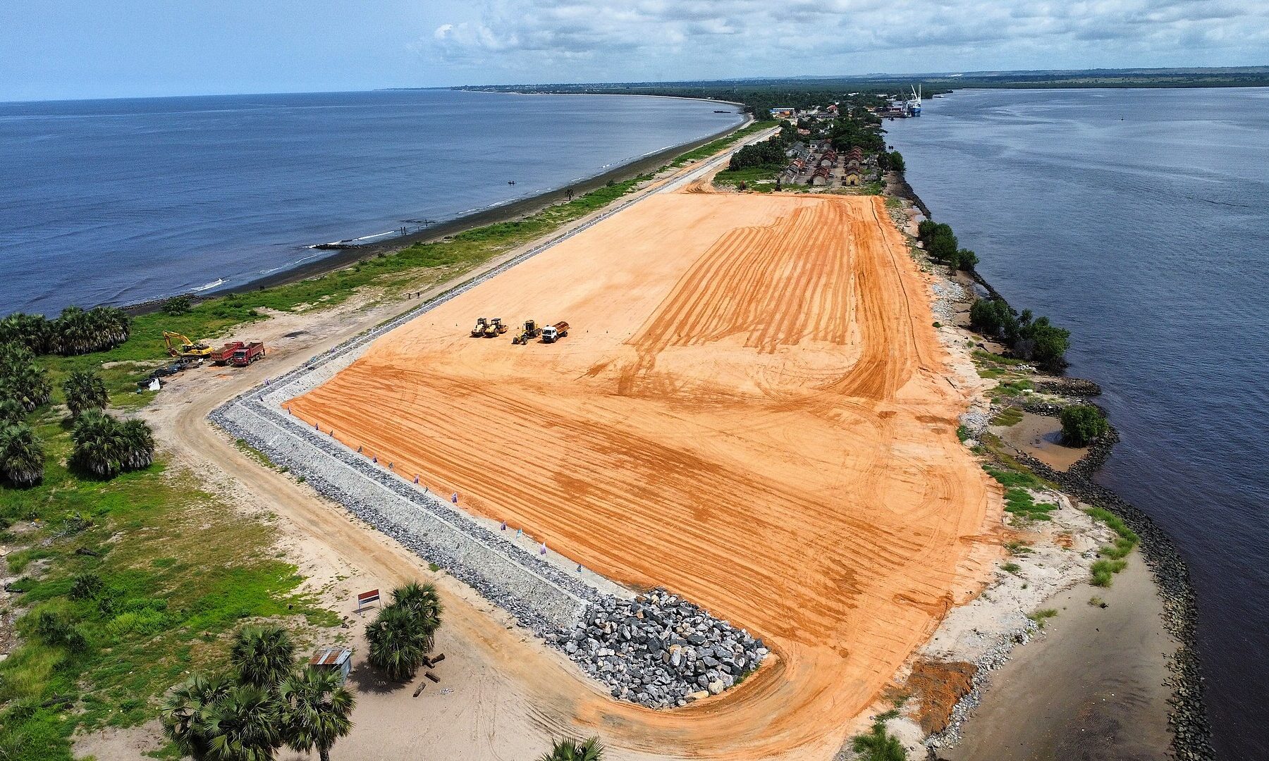 Aerial view of earthworks on the deep-water port site at Banana, DR Congo, between the Atlantic and the Congo River mouth