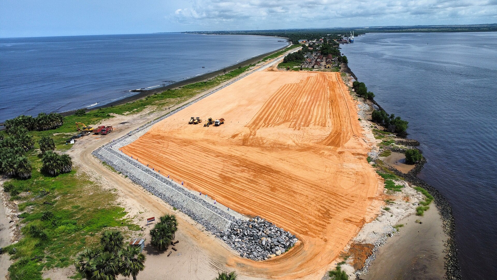 Aerial view of earthworks on the deep-water port site at Banana, DR Congo, between the Atlantic and the Congo River mouth