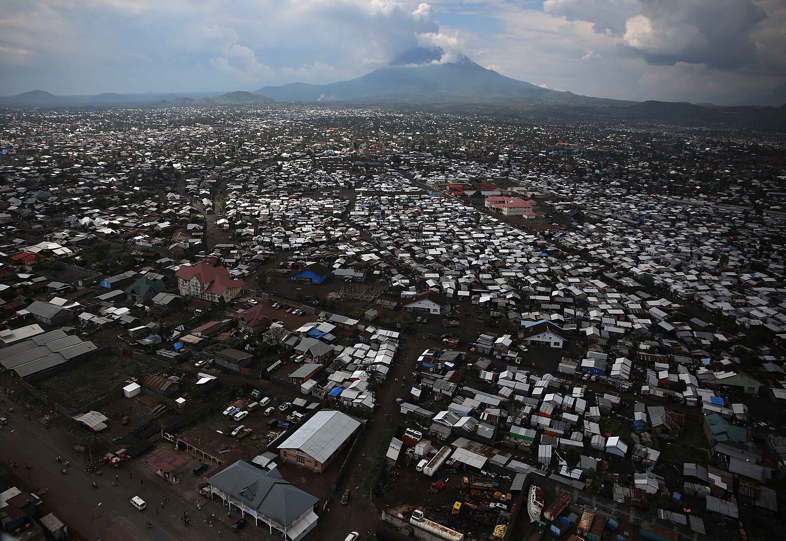 Aerial view of Goma in eastern DR Congo with the Nyiragongo volcano in the background