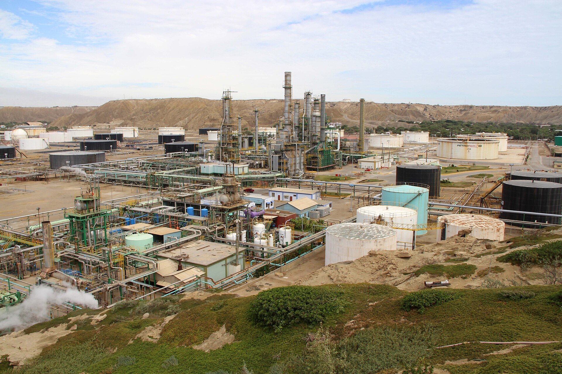 The Talara oil refinery in Piura, northern Peru, with storage tanks marked Petroperu